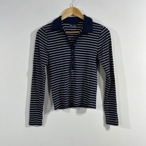 Gap Fisherman Preppy Ribbed Stripe Old Money Polo Shirt Navy Womens Small Boho